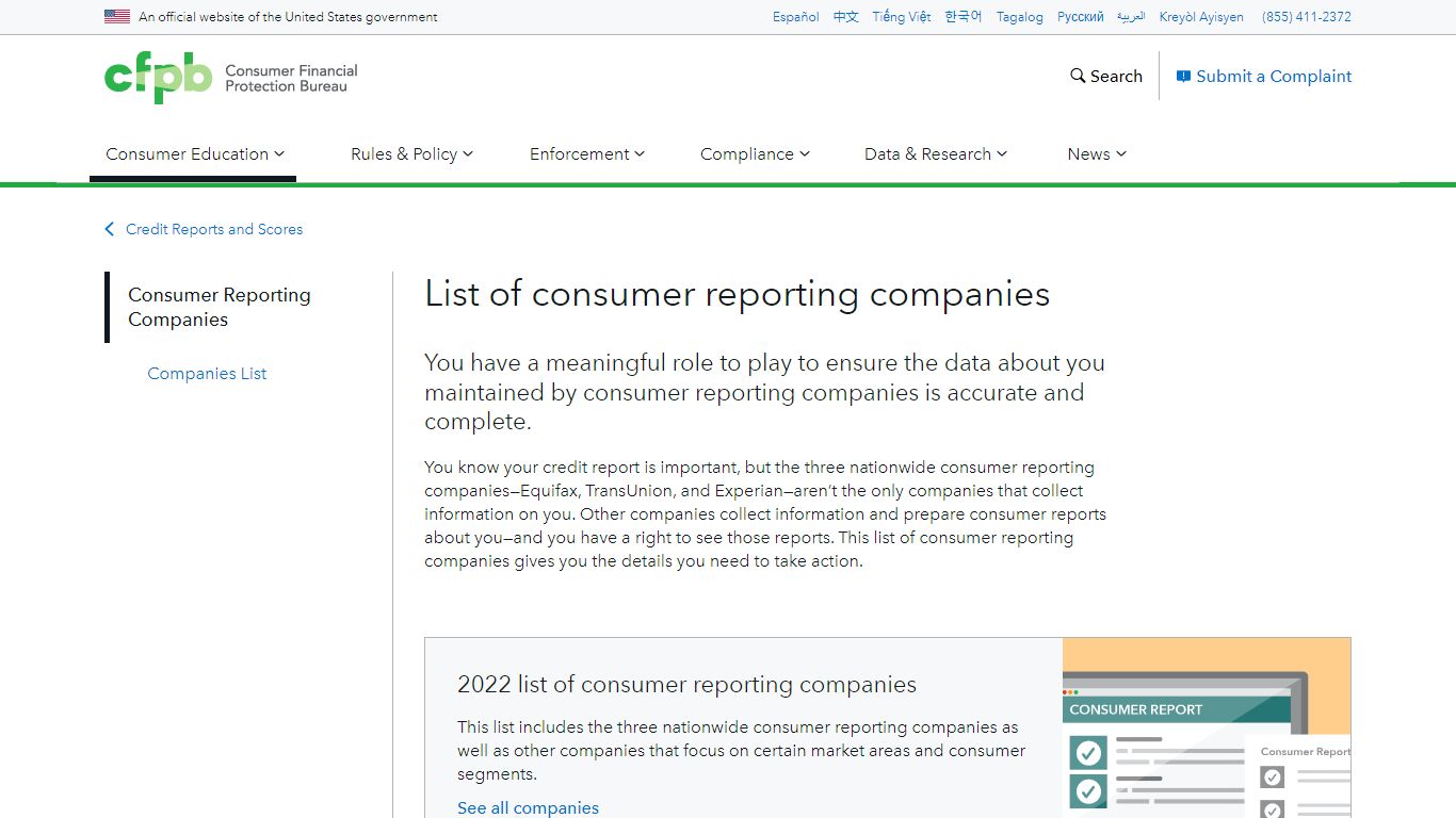 Consumer reporting companies | Consumer Financial Protection Bureau